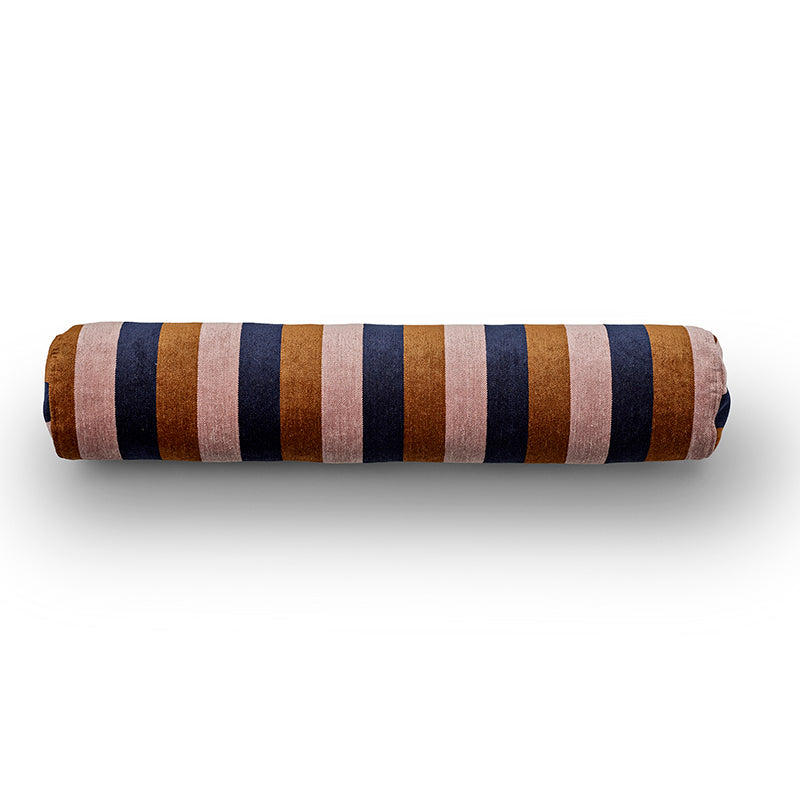 Ember cylindrical cushion in blue, brown, and pink
