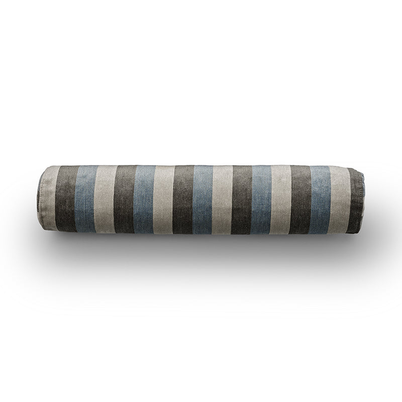 Ember cylindrical cushion in blue, grey, and black