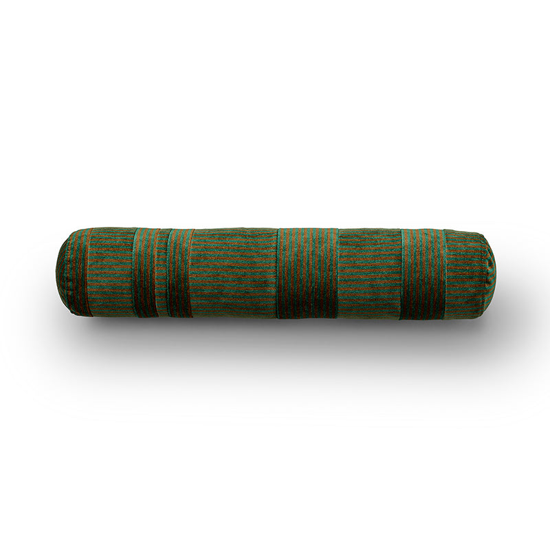 Crest cylindrical cushion in brown and green