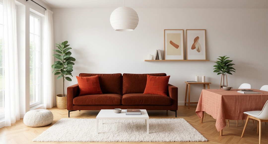 Cliff rust terracotta pillows on a warm, chocolate brown sofa.