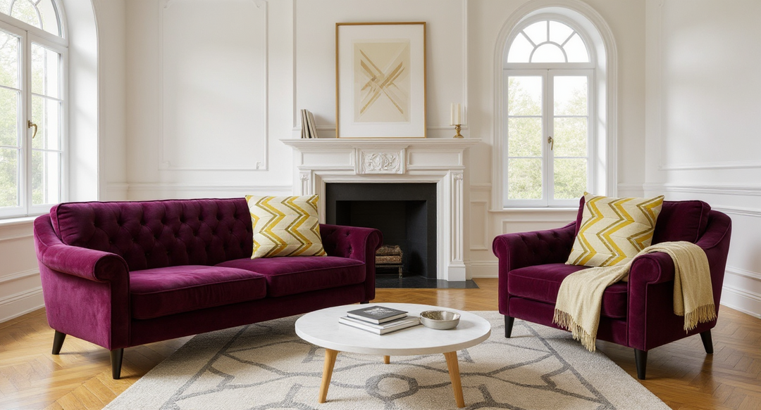 Eilersen Blaze yellow-beige on purple velvet sofas.