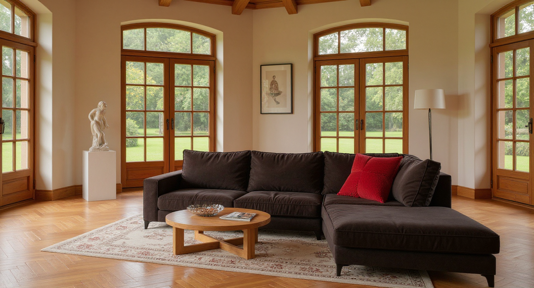 Eilersen ruby red Summit cushion on a chocolate brown sectional sofa