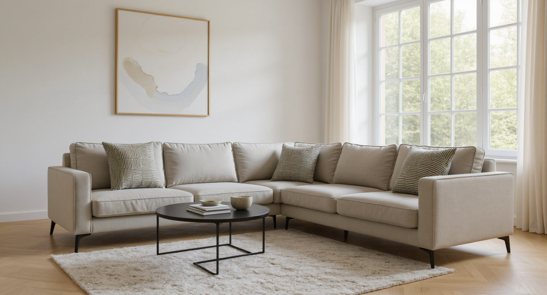 Eilersen Zephyr cushion on a sectional sofa.